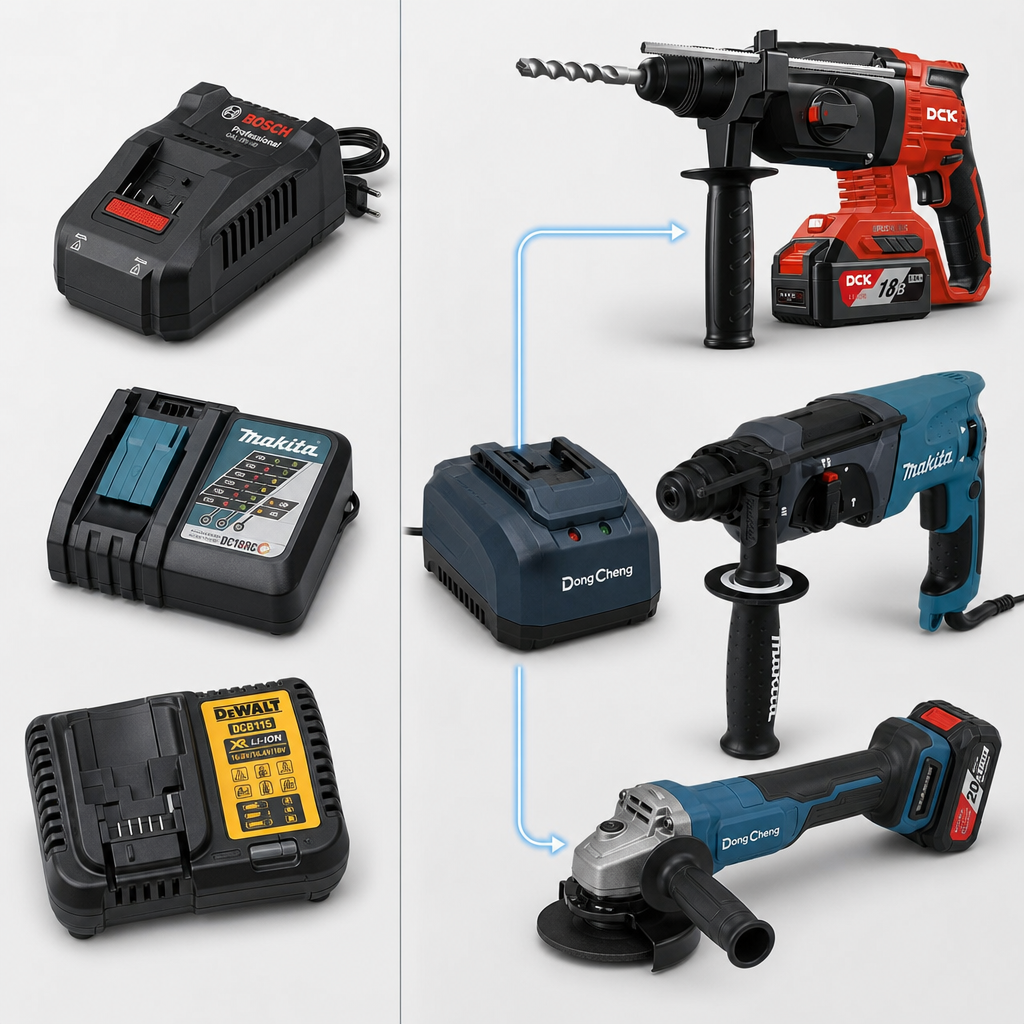Простая инфографика. Слева – три разных зарядных устройства от Bosch, Makita, DeWalt с ценниками. Справа – одно зарядное