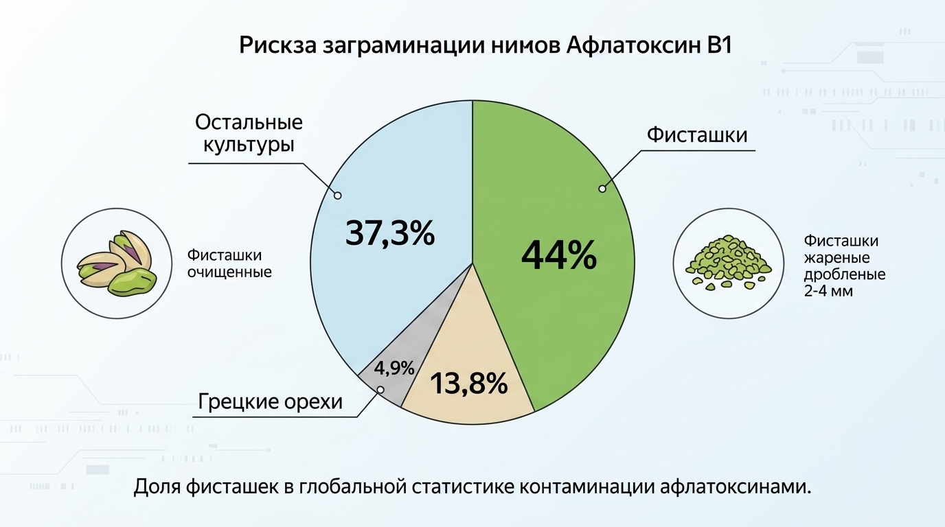Круговая диаграмма распределения рисков заражения афлатоксином В1 среди орехоплодных культур.