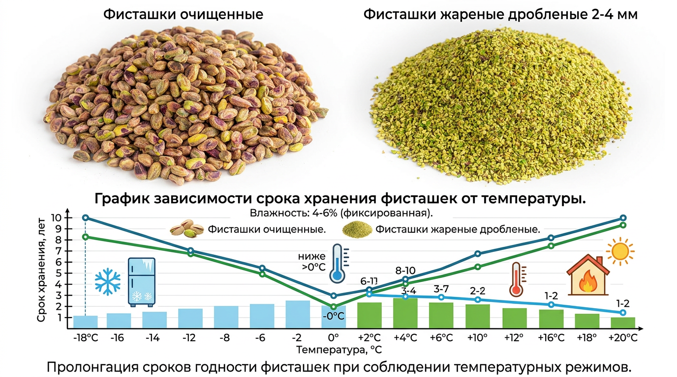 График зависимости срока хранения фисташек от температуры.
