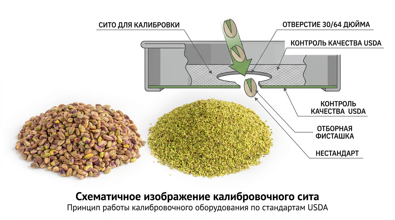 Схематичное изображение калибровочного сита с отверстием 30/64 дюйма и отборной фисташки, проходящей контроль качества U