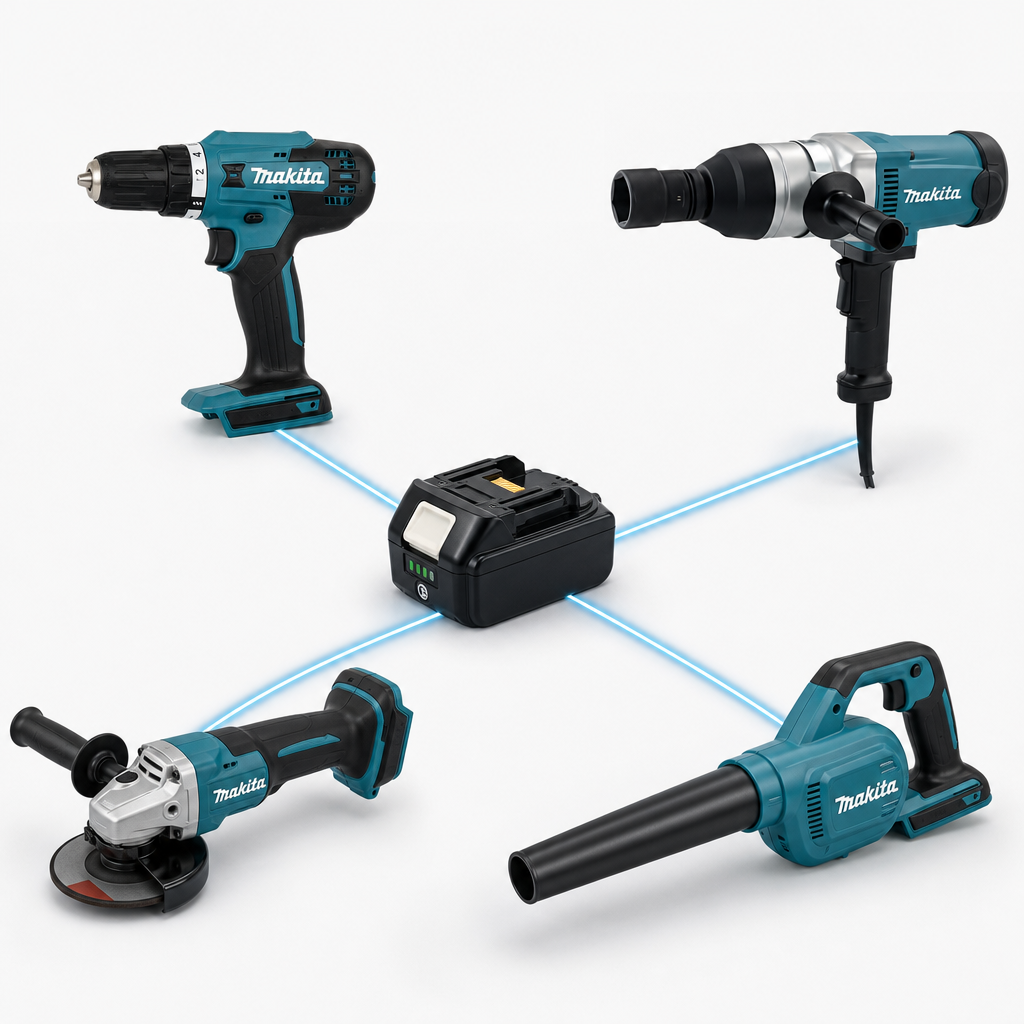 A diagram showing one battery (e.g., Makita LXT) powering multiple tools (a drill, a grinder, a saw, a leaf blower) with