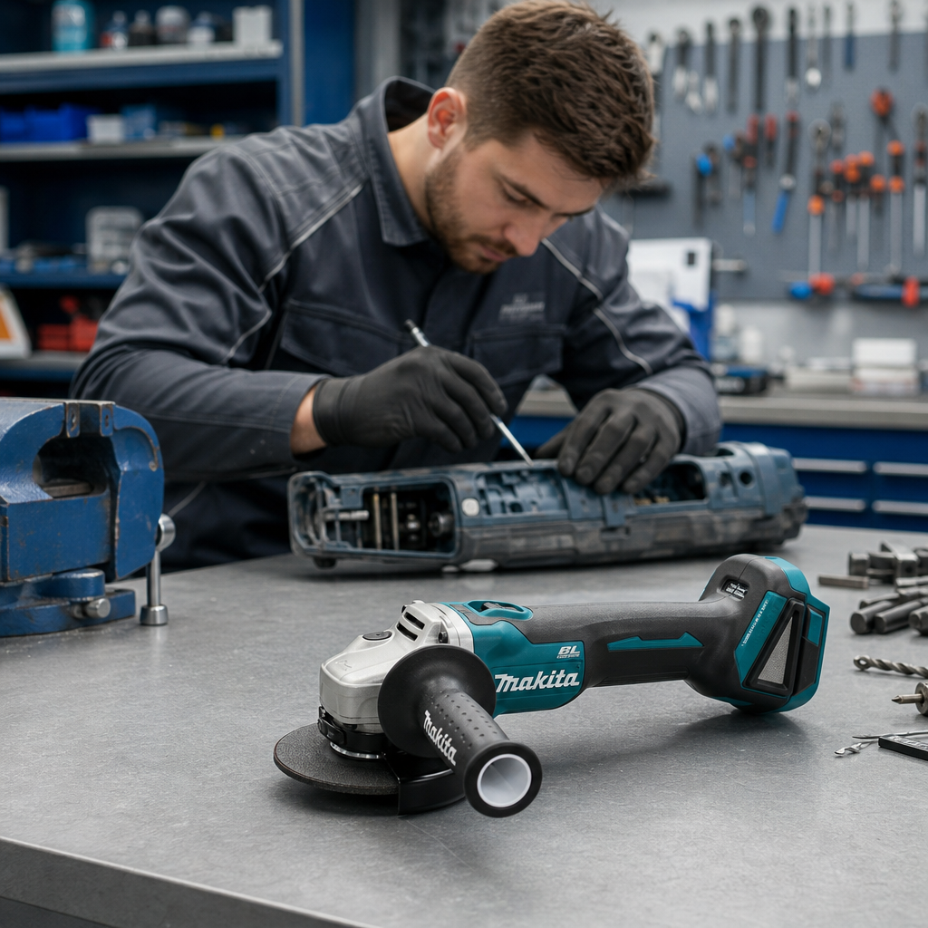 A photograph of a clean, well-lit workshop (our service center) with a technician in branded overalls diagnosing an inst