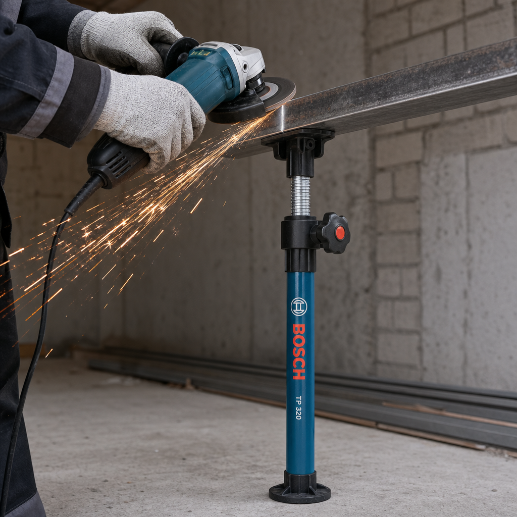 Close-up shot of a craftsman's hands in gloves safely operating an angle grinder (like the Makita GA5030R) on a metal wo