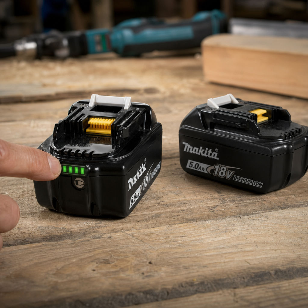 Крупный план аккумулятора Makita BL1860B, где палец нажимает на кнопку индикатора заряда. Четко видны светящиеся светоди