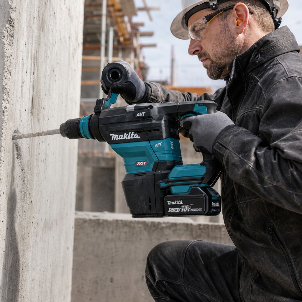 Строитель в каске и рабочей одежде использует большой перфоратор Makita XGT 40V для бурения бетонной стены. Акцент на ак