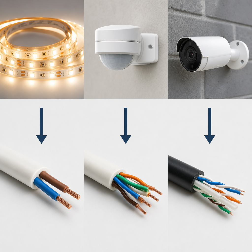 Простая инфографика. Три иконки: "LED-лента", "Датчик движения", "IP-камера". От каждой иконки стрелка к изображению соо