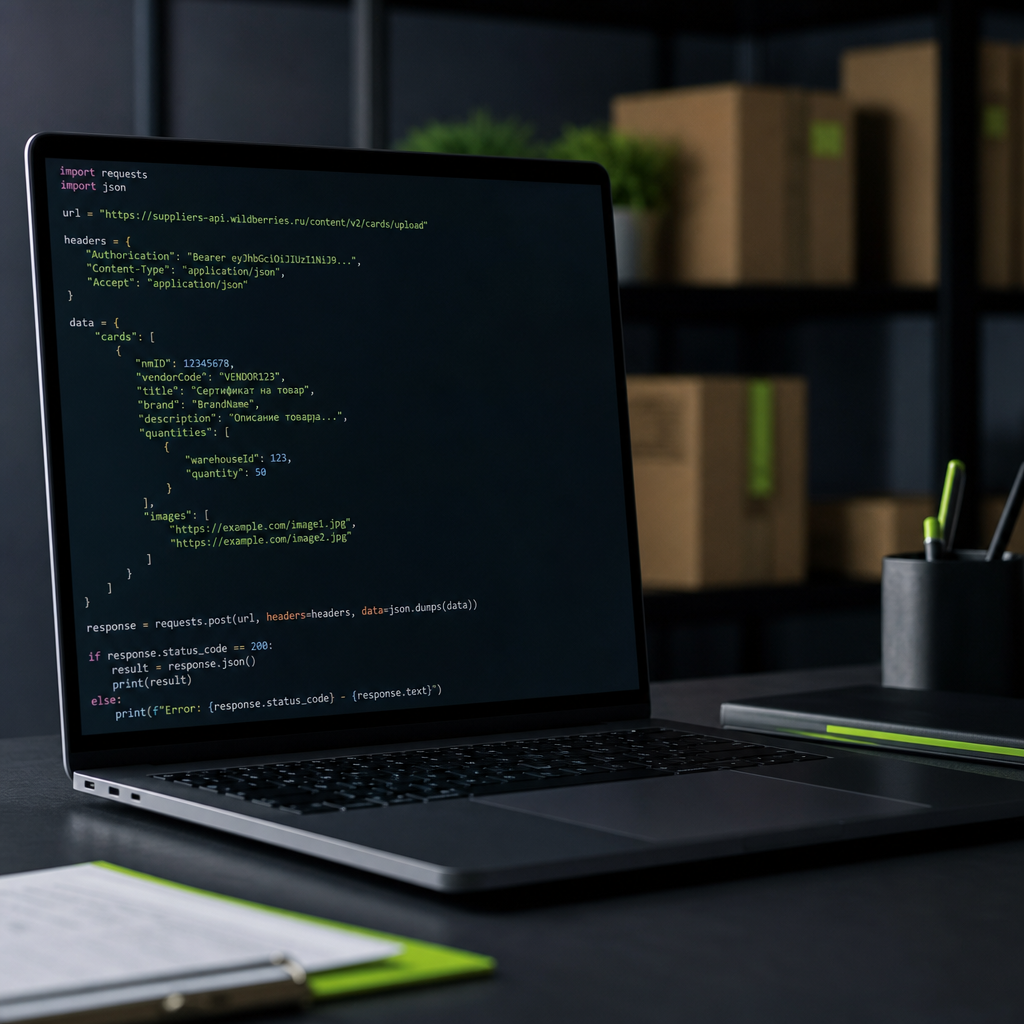 Скриншот фрагмента кода на Python, использующего библиотеку `requests` для отправки POST-запроса на API Wildberries. В к