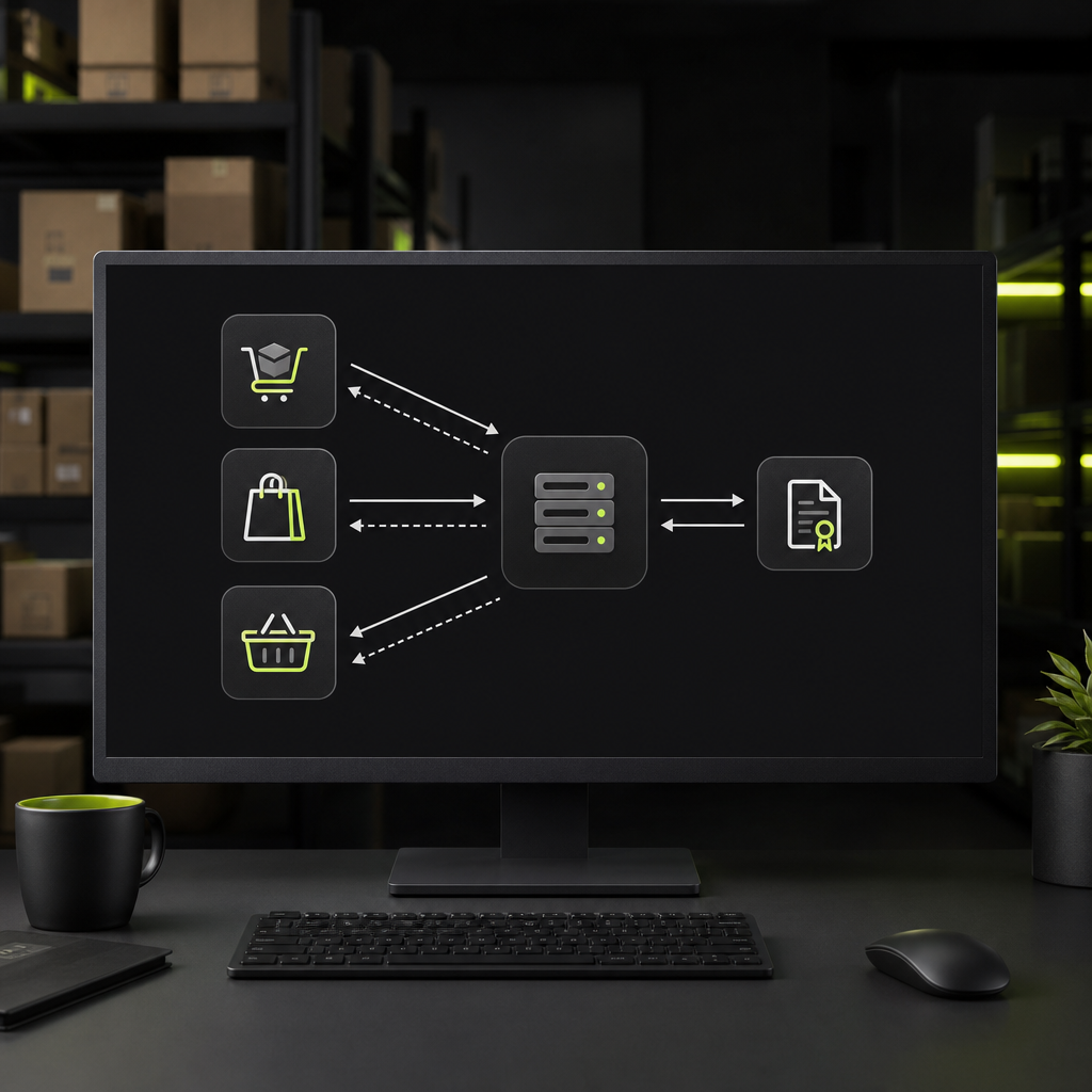 Схематичная инфографика. Три иконки (Ozon, Wildberries, Yandex Market) со стрелками ведут к логотипу МЕТЧ. От логотипа М