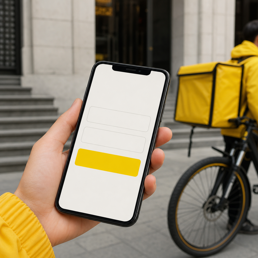 Скриншот экрана смартфона с формой заявки на deliverymall.ru. Поля: «Имя», «Телефон». Большая желтая кнопка «Отправить з