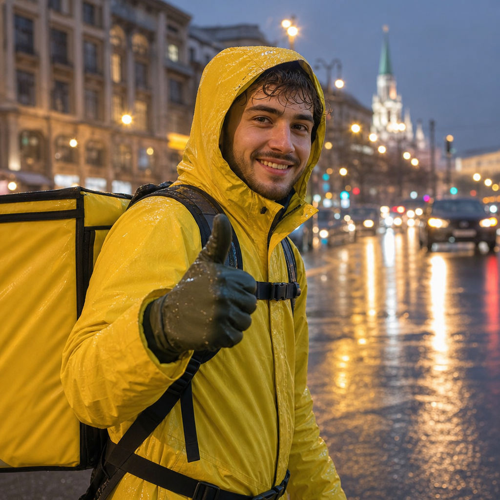 Фотография промокшего, но улыбающегося курьера в дождевике на фоне вечернего города. Он показывает жест "палец вверх". П