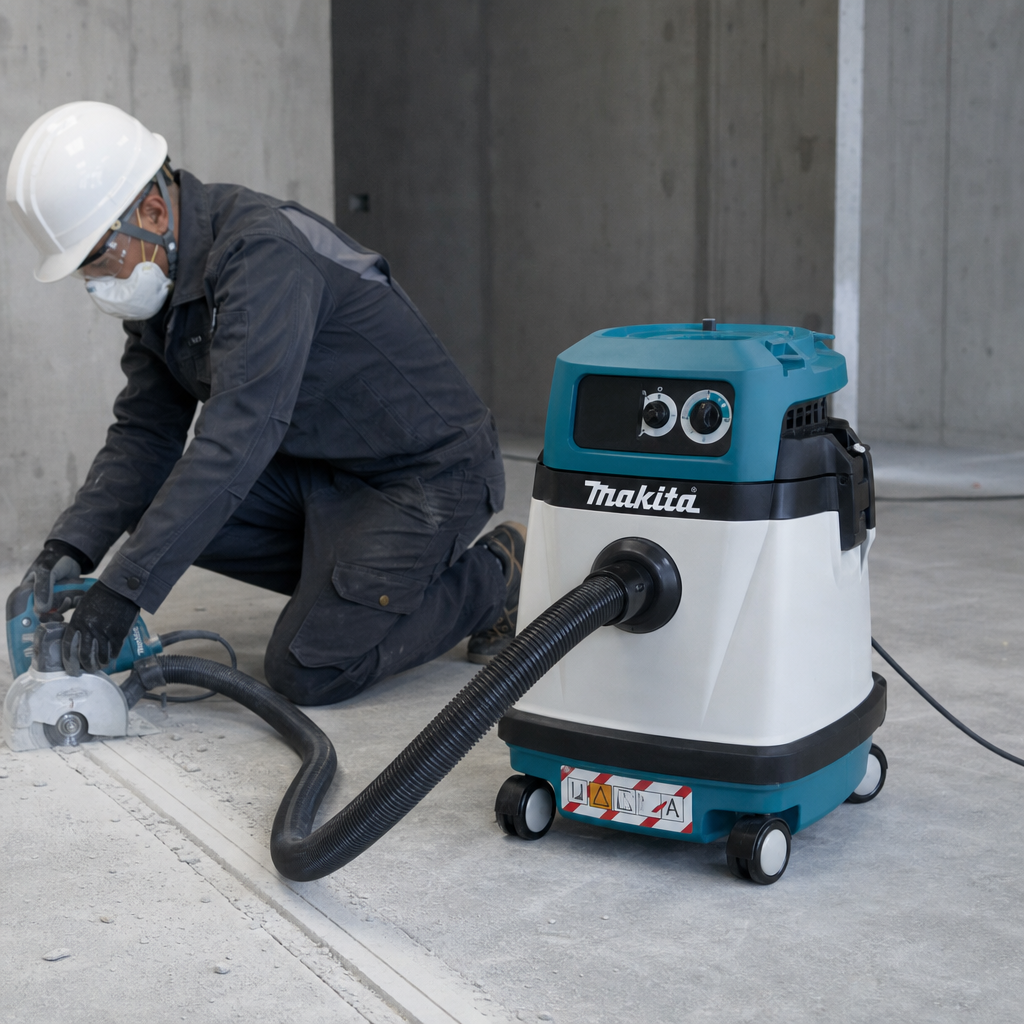 Сотрудник в спецодежде использует промышленный пылесос Makita VC4210L для уборки бетонной пыли и мелкого строительного м