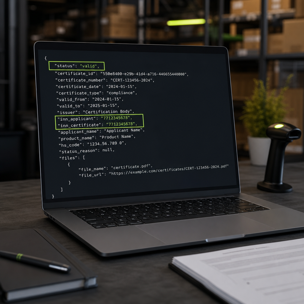 скриншот JSON-ответа сервера при валидации сертификата, где зеленым маркером выделены поля status: valid и совпадение ИН