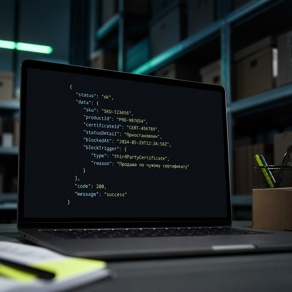 скриншот ответа сервера с JSON-кодом, показывающим статус "Приостановлен" и триггер блокировки SKU.