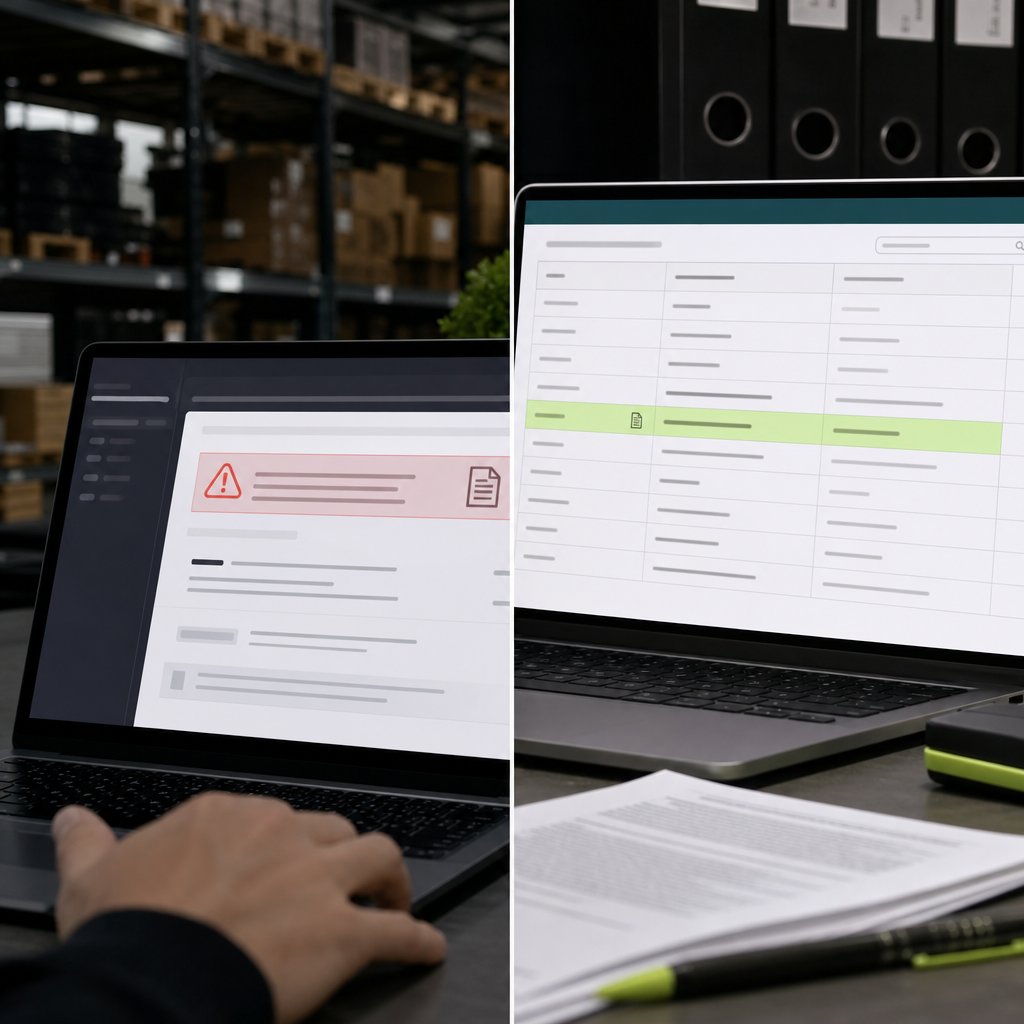 Разделенный экран: слева интерфейс Ozon Seller с ошибкой модерации, справа выгрузка из публичного реестра ФГИС Росаккред