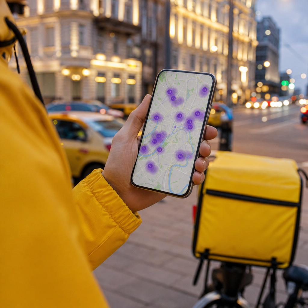 Экран смартфона с открытым приложением Яндекс Про. Карта Москвы покрыта фиолетовыми зонами повышенного спроса (коэффицие