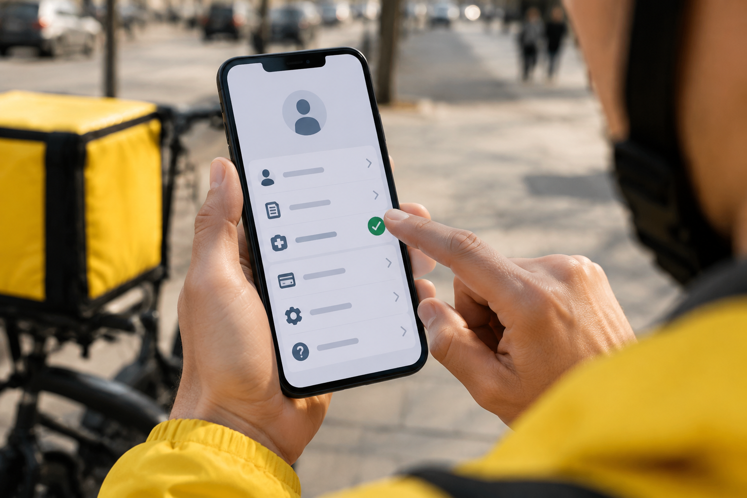 экран смартфона крупным планом, в приложении для курьеров открыт раздел «Профиль» с зеленой галочкой напротив пункта «Ме