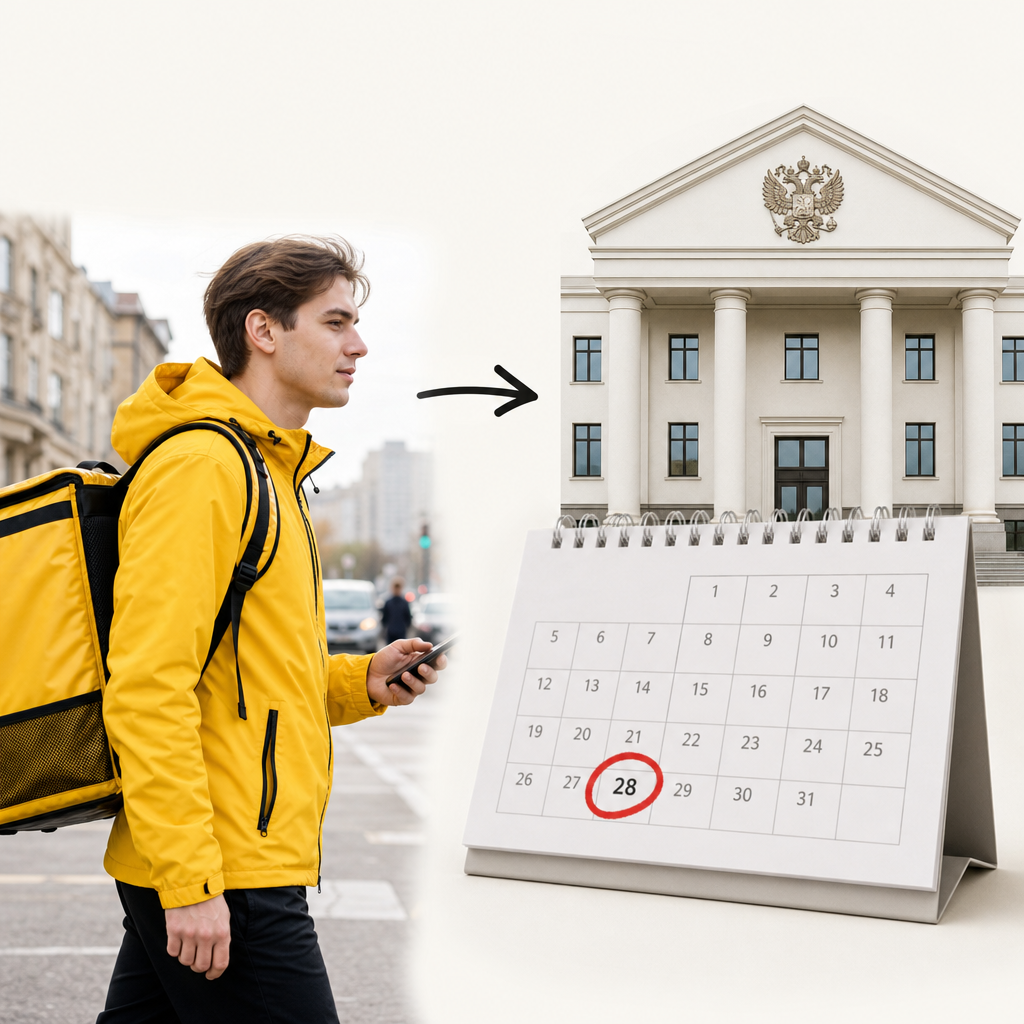 Инфографика. Слева иконка курьера с рюкзаком, стрелка ведет к зданию ФНС с надписью «Единый налоговый платеж (ЕНП) до 28