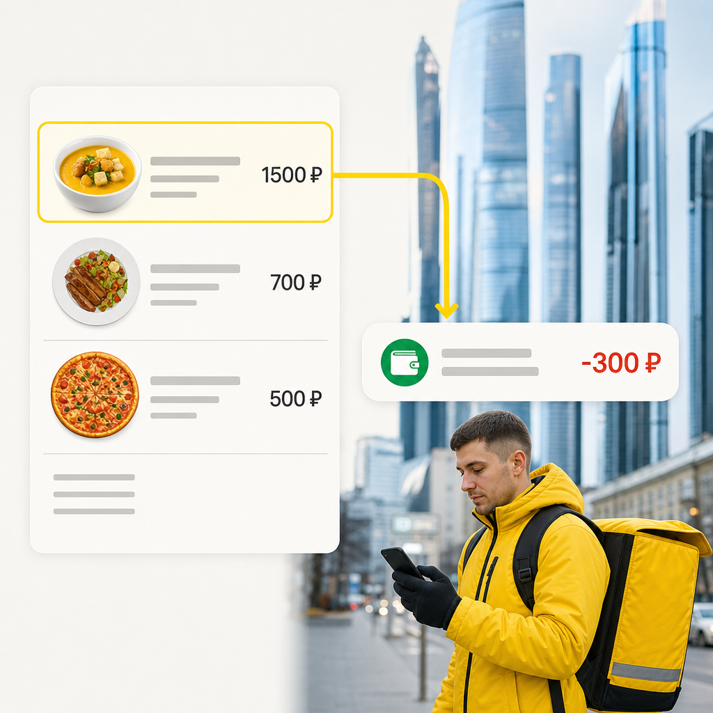 Строгая инфографика. Слева — схематичный чек клиента на 1500 рублей (суп 300 руб, второе 700 руб, пицца 500 руб). Выделе