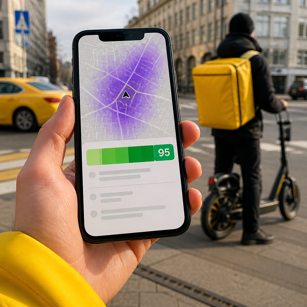 Экран смартфона с открытым приложением Яндекс Про, где крупно выделена шкала активности зелёного цвета с цифрой 95 на фо