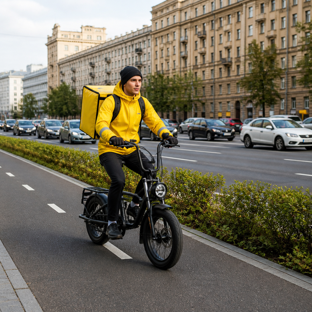 Курьер в жёлтой экипировке с термосумкой на спине едет на электровелосипеде типа «колхозник» по велодорожке вдоль оживлё