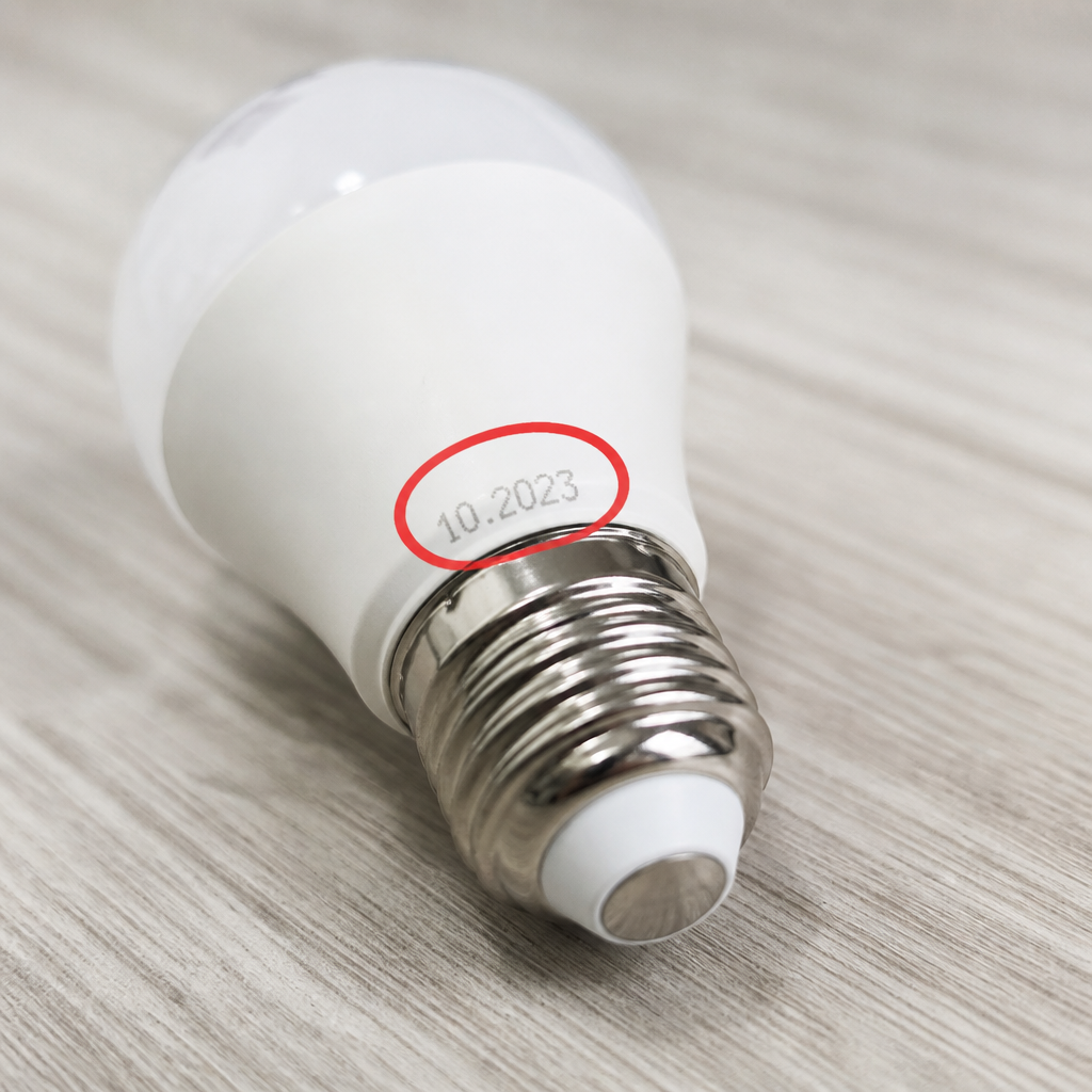Крупный план цоколя LED-лампы Feron. Красным маркером обведен заводской штамп с датой производства (например, 10.2023),