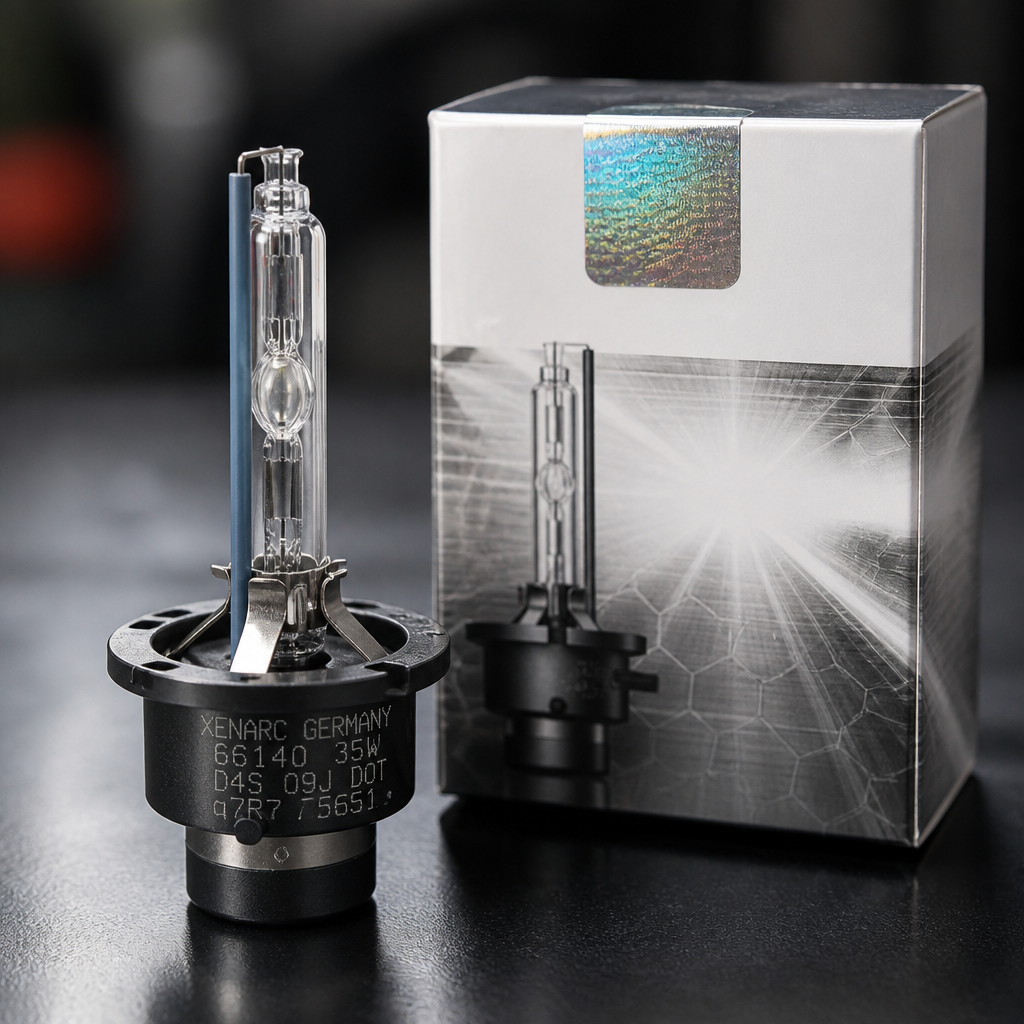 Крупный план цоколя ксеноновой лампы Osram Xenarc с детальной гравировкой уникального ID и заводская коробка с защитной
