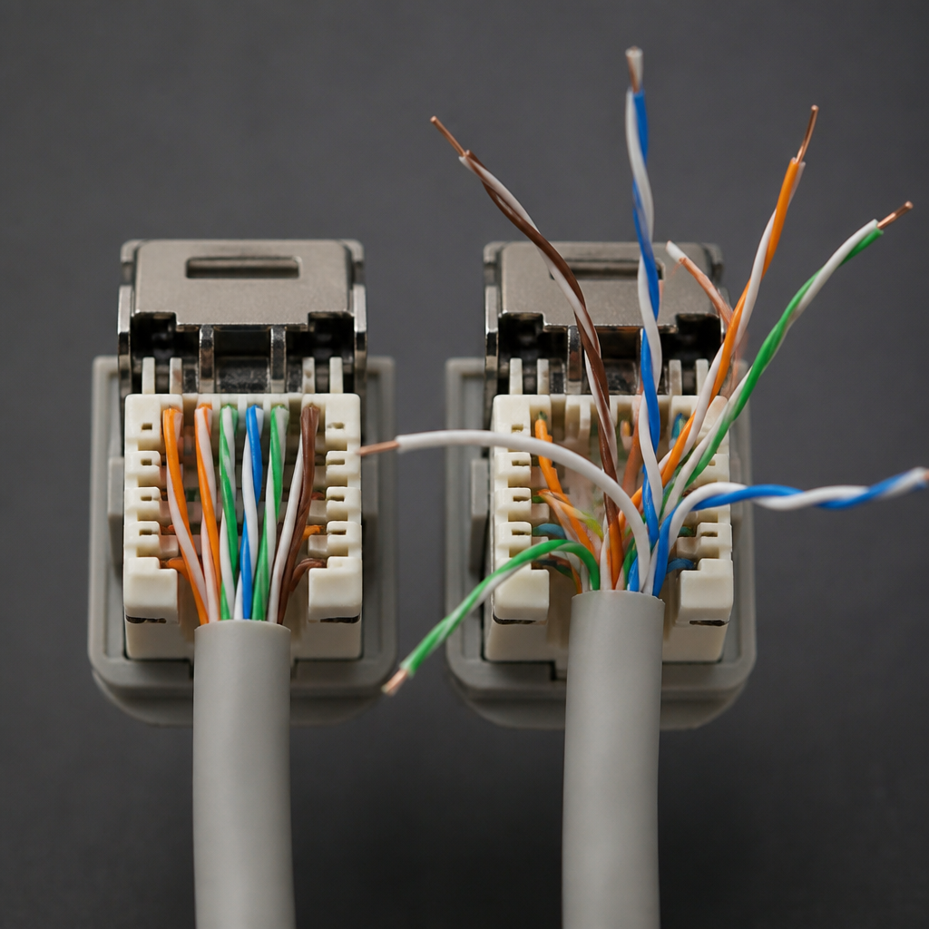 Макроснимок двух заделанных модулей RJ-45 для сравнения. Слева — правильный монтаж (пары расплетены минимально, прямо у