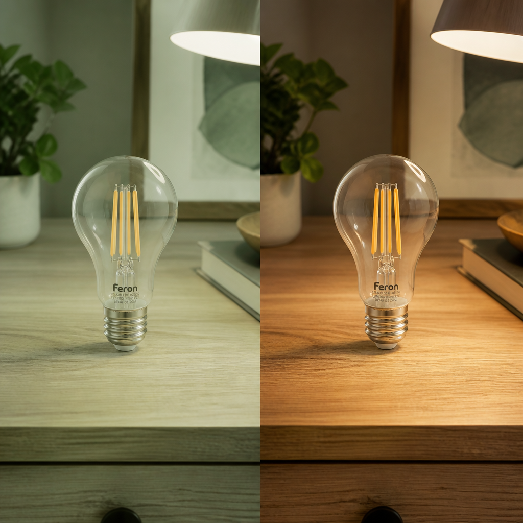 Две фотографии одного и того же деревянного стола. Слева освещение дешевой лампой (CRI < 70, цвета плоские и зеленоватые
