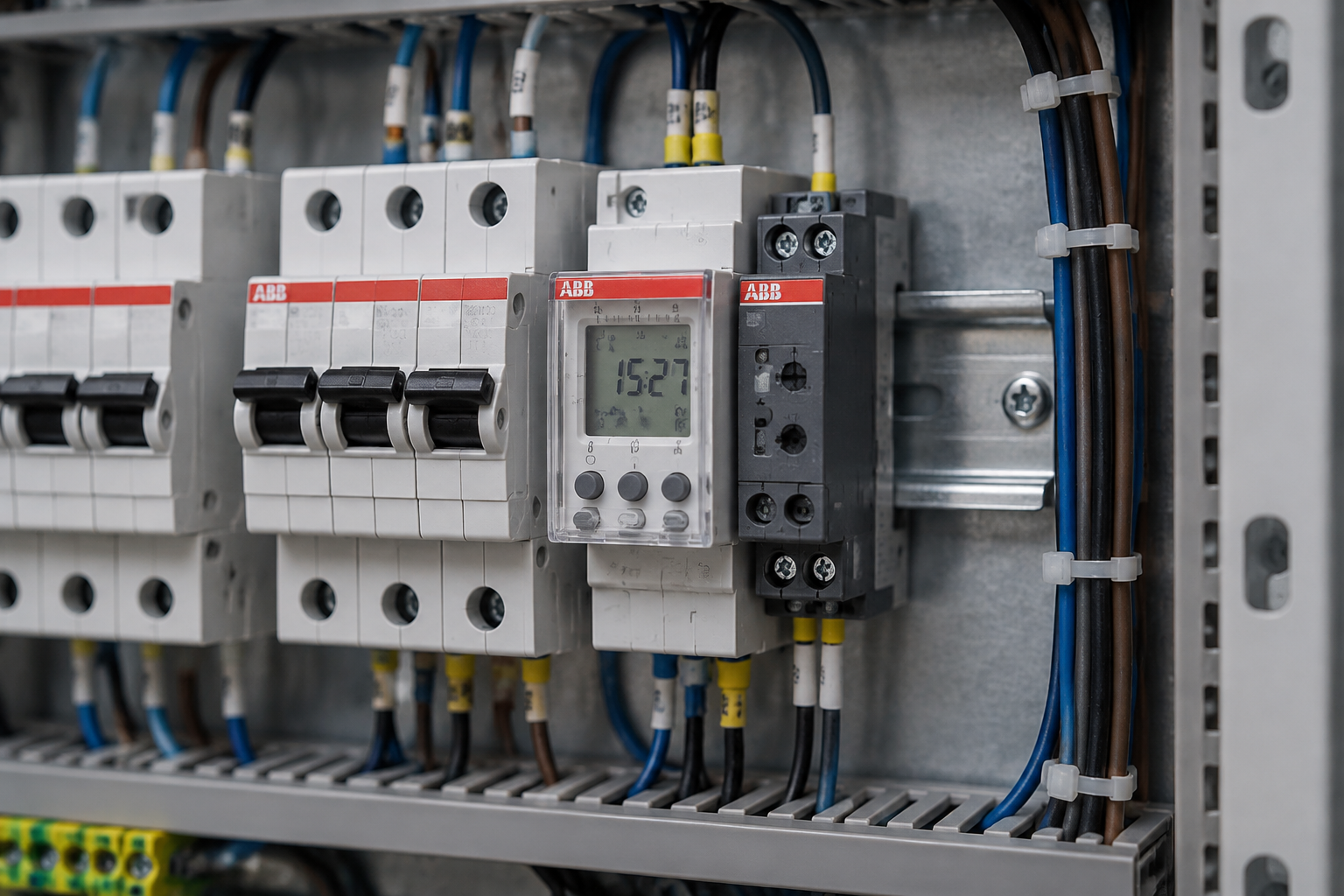Внутренняя компоновка электрощита крупным планом. На DIN-рейке рядом с модульными автоматами ABB установлено реле серии