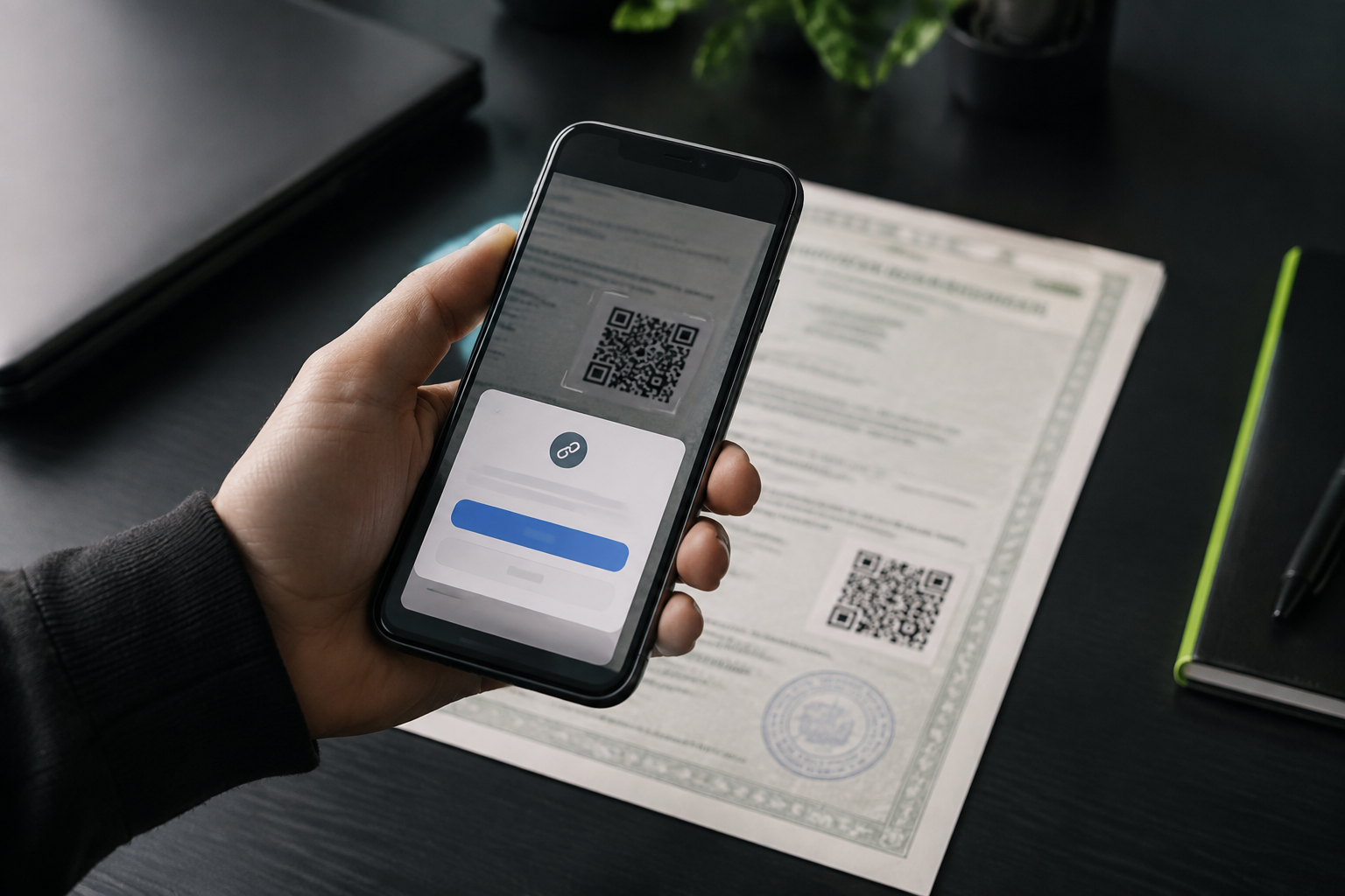 бланк сертификата соответствия крупным планом с наведенным смартфоном на QR-код, на экране смартфона крупно отображается