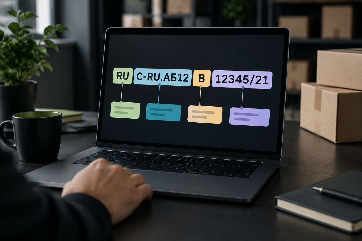 Инфографика. Строка с номером ЕАЭС RU С-RU.АБ12.В.12345/21, где каждый логический блок (страна, орган, серия, номер) выд