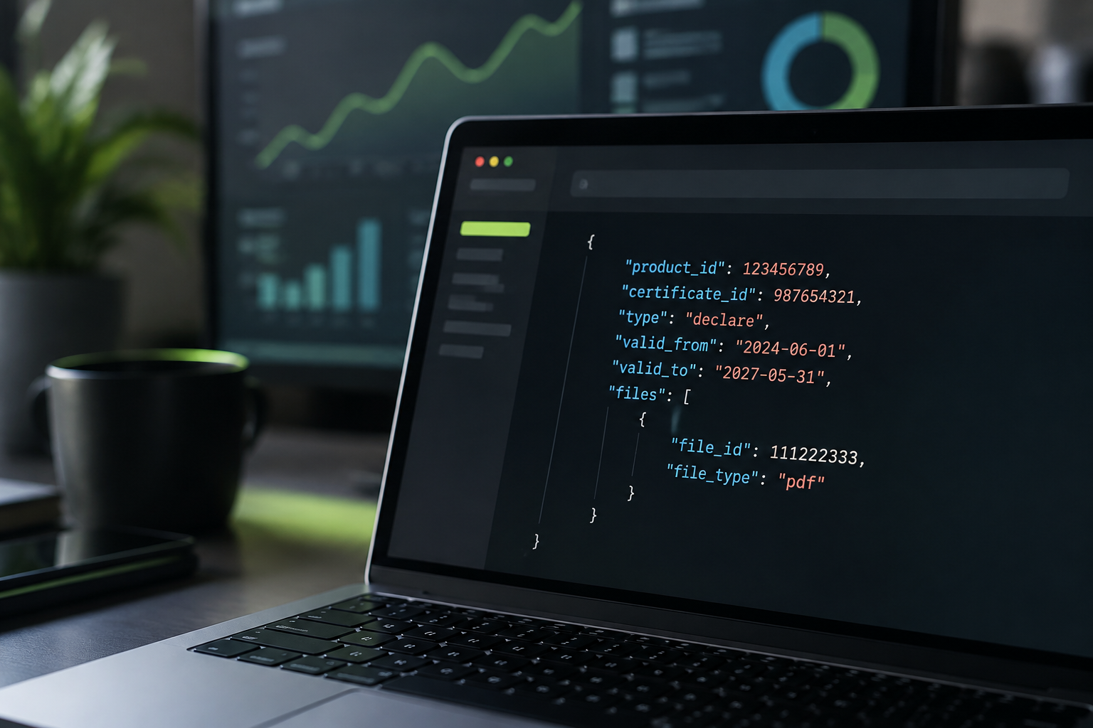 Макро-снимок монитора с открытой документацией Content API Ozon (JSON-код запроса POST /v1/product/certificate/bind) на