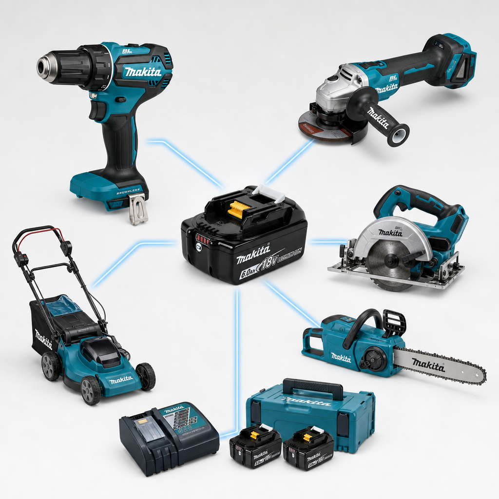 Инфографика, показывающая один аккумулятор Makita LXT, от которого идут линии к 5-6 разным инструментам: шуруповерт, бол