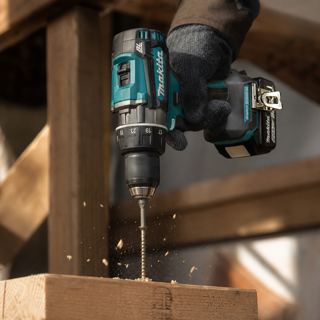 Крупный план шуруповерта Makita DDF486RT, закручивающего мощный "глухарь" в деревянный брус. Видна стружка, подчеркивающ