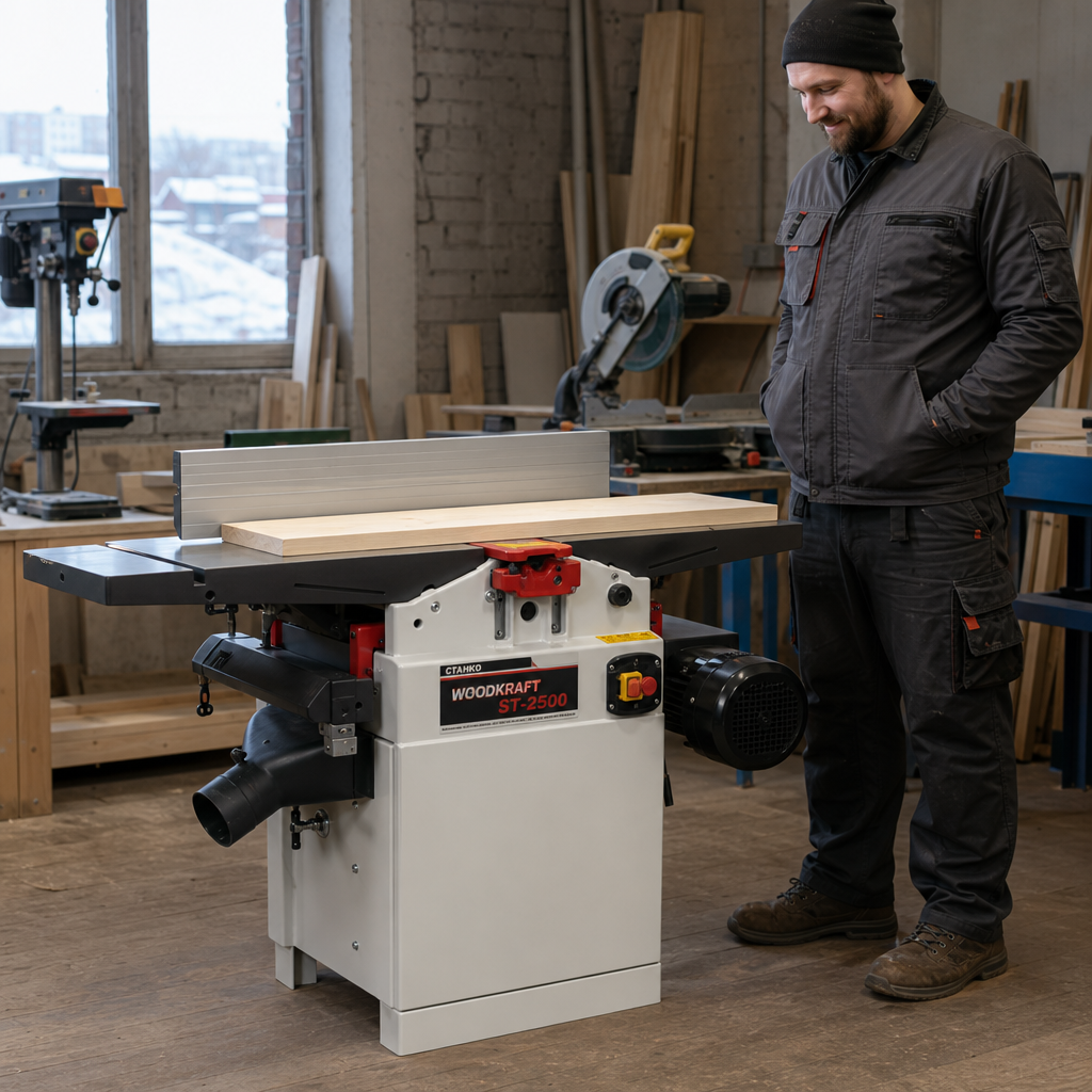 Фотография станка СТИНКО WOODKRAFT ST-2500 в реальной обстановке небольшой мастерской в Красноярске. На станке лежит обр