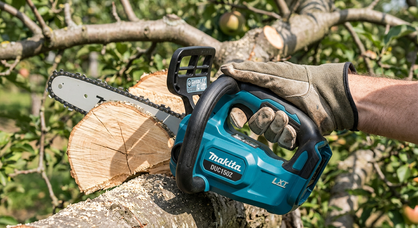 Фотография Makita DUC150Z крупным планом в руке оператора на фоне срезанной толстой ветви яблони. Акцент на эргономичную