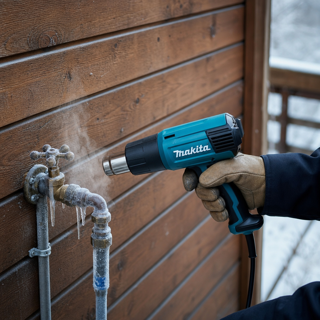 Мастер в перчатках аккуратно направляет сопло фена Makita на замерзший латунный кран дачного водопровода. Виден легкий п