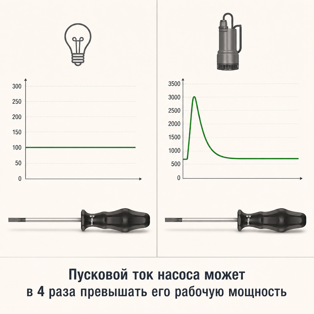 Инфографика. Слева – иконка лампочки с ровной линией графика энергопотребления (100 Вт). Справа – иконка скважинного нас