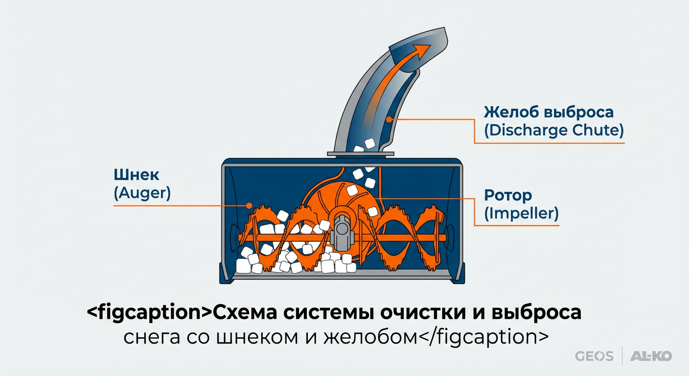 Схема системы очистки и выброса снега со шнеком и желобом