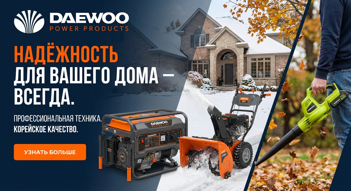 Баннер с коллажем: генератор Master Line, снегоуборщик Expert, аккумуляторная воздуходувка на фоне загородного дома зимой/осенью