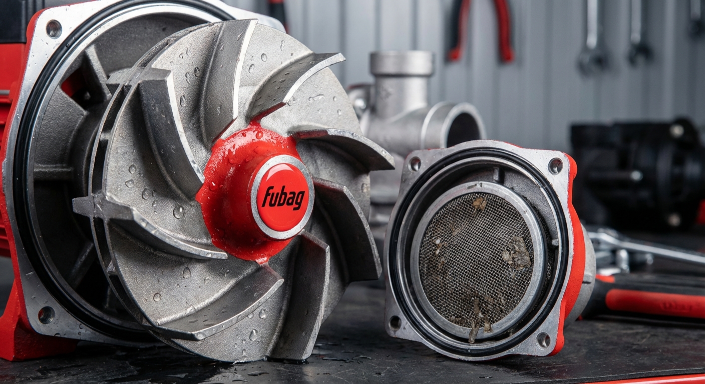 Крупный план крыльчатки и входного фильтра мотопомпы Fubag PTH для чистой воды.