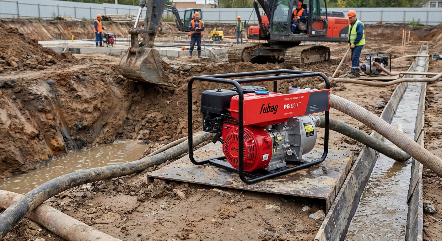 Мотопомпа Fubag TH/PG перекачивает грязную воду на строительном объекте.