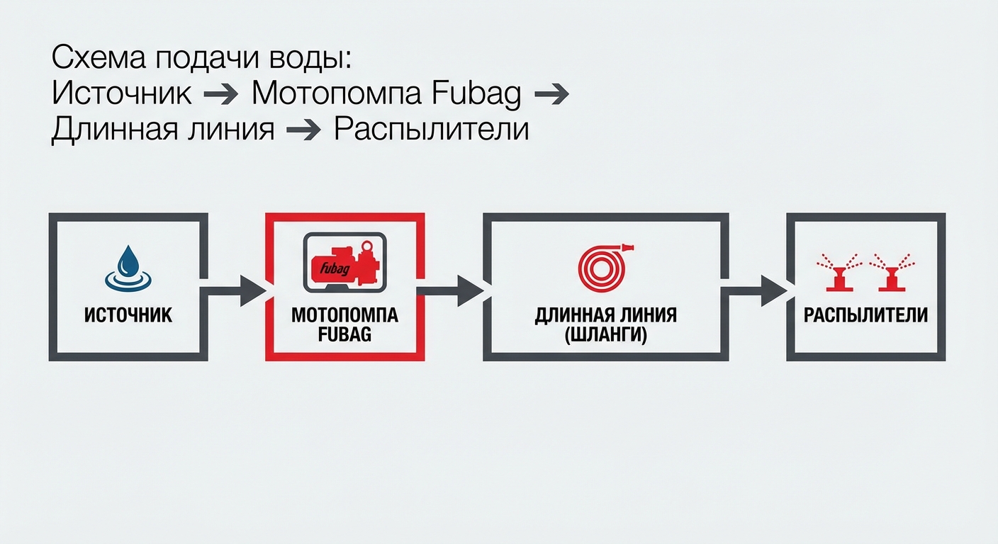 Схема подачи воды высоконапорной мотопомпой Fubag от источника через длинную линию к распылителям.