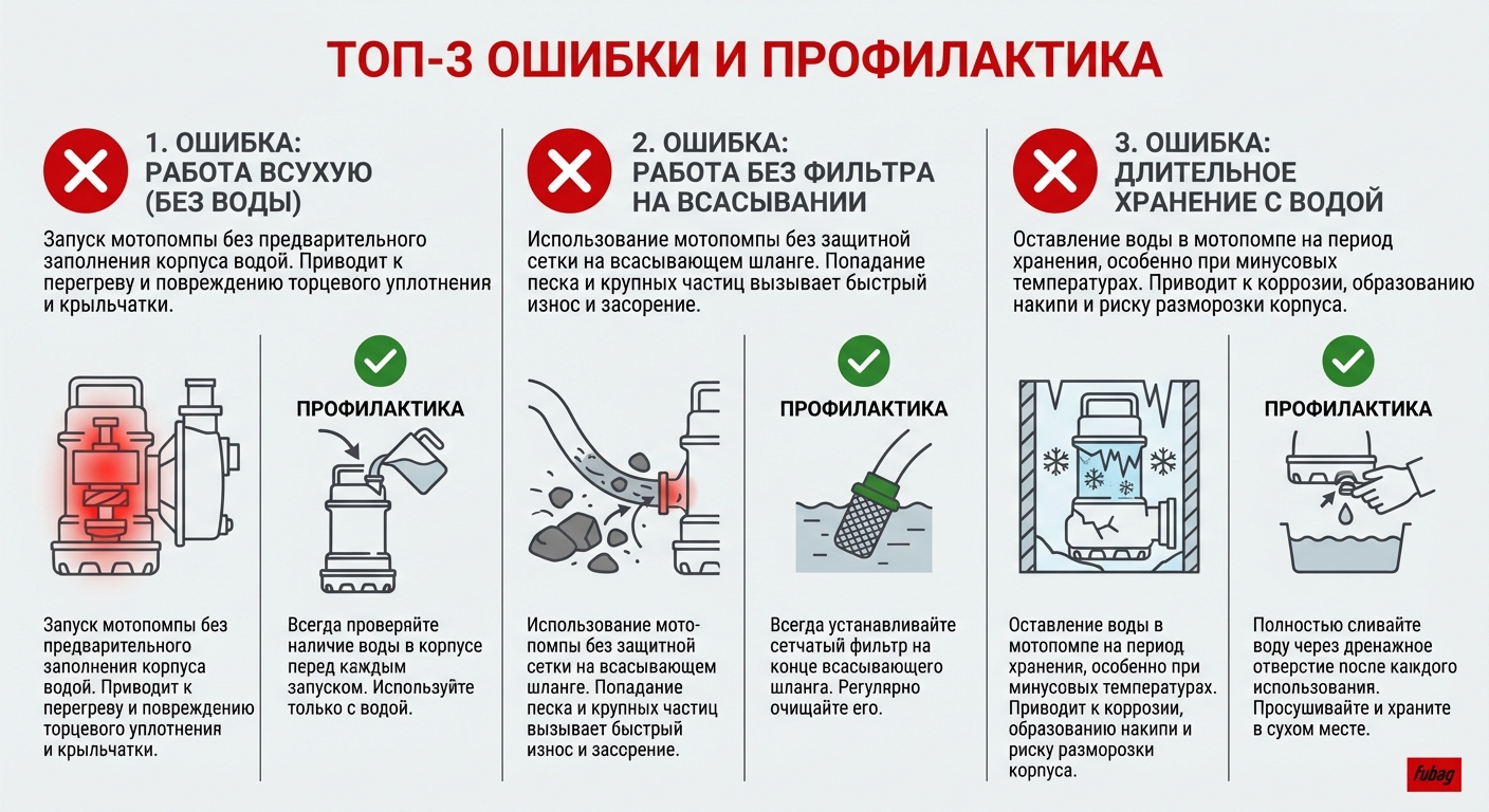 Инфографика с тремя основными ошибками при использовании мотопомпы Fubag и способами их профилактики.