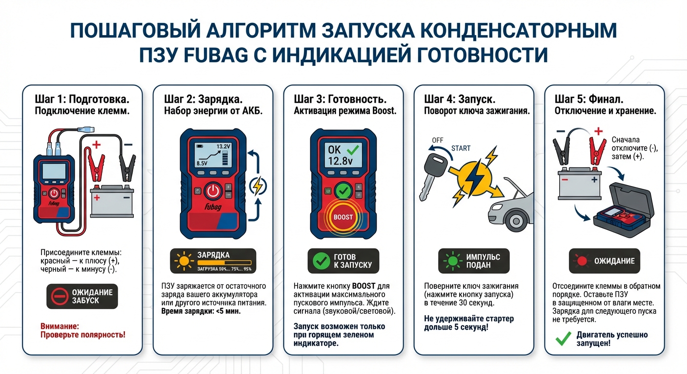 Пошаговый алгоритм запуска конденсаторным ПЗУ с индикацией готовности