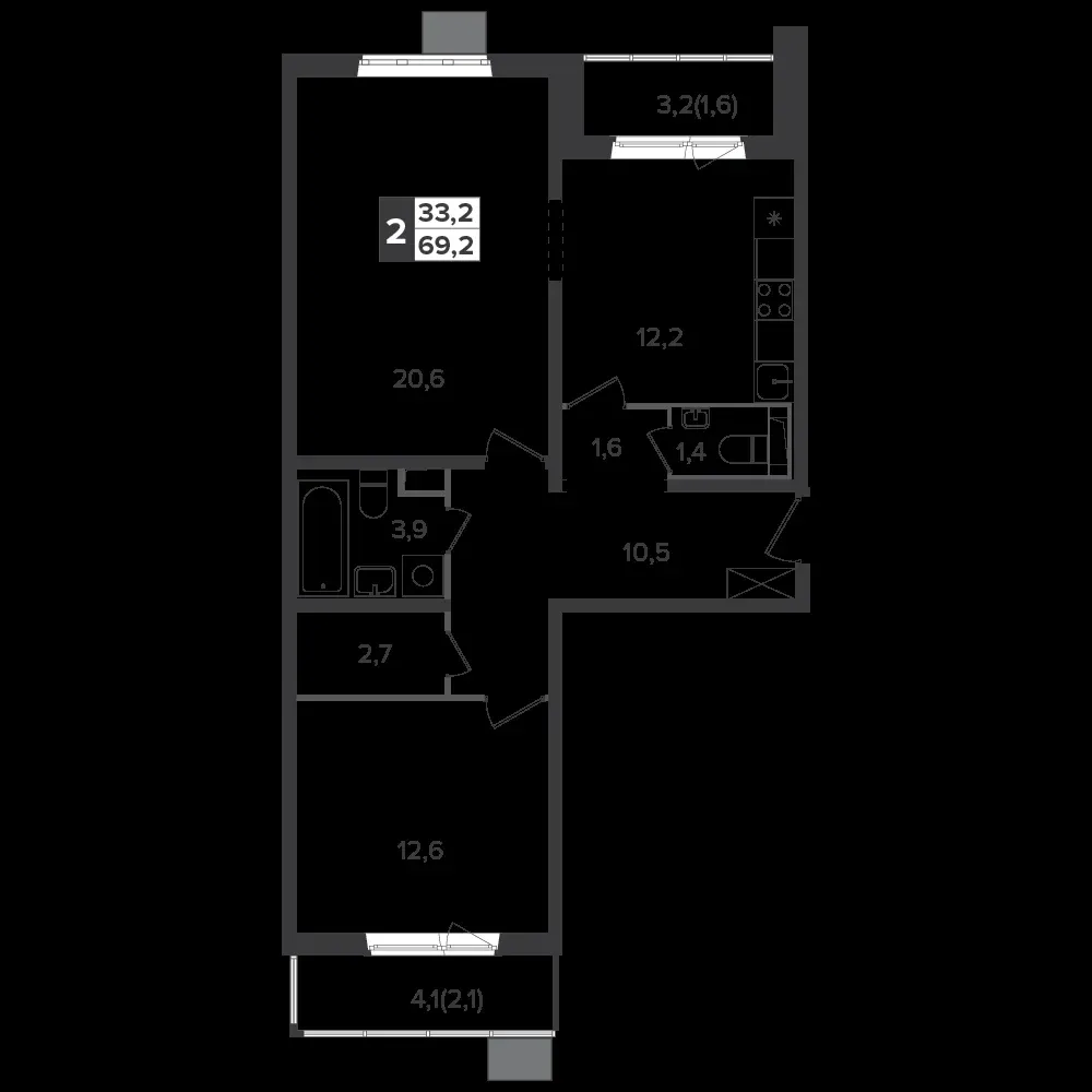 2-комнатная, 68,9 м² — 15 572 434 ₽