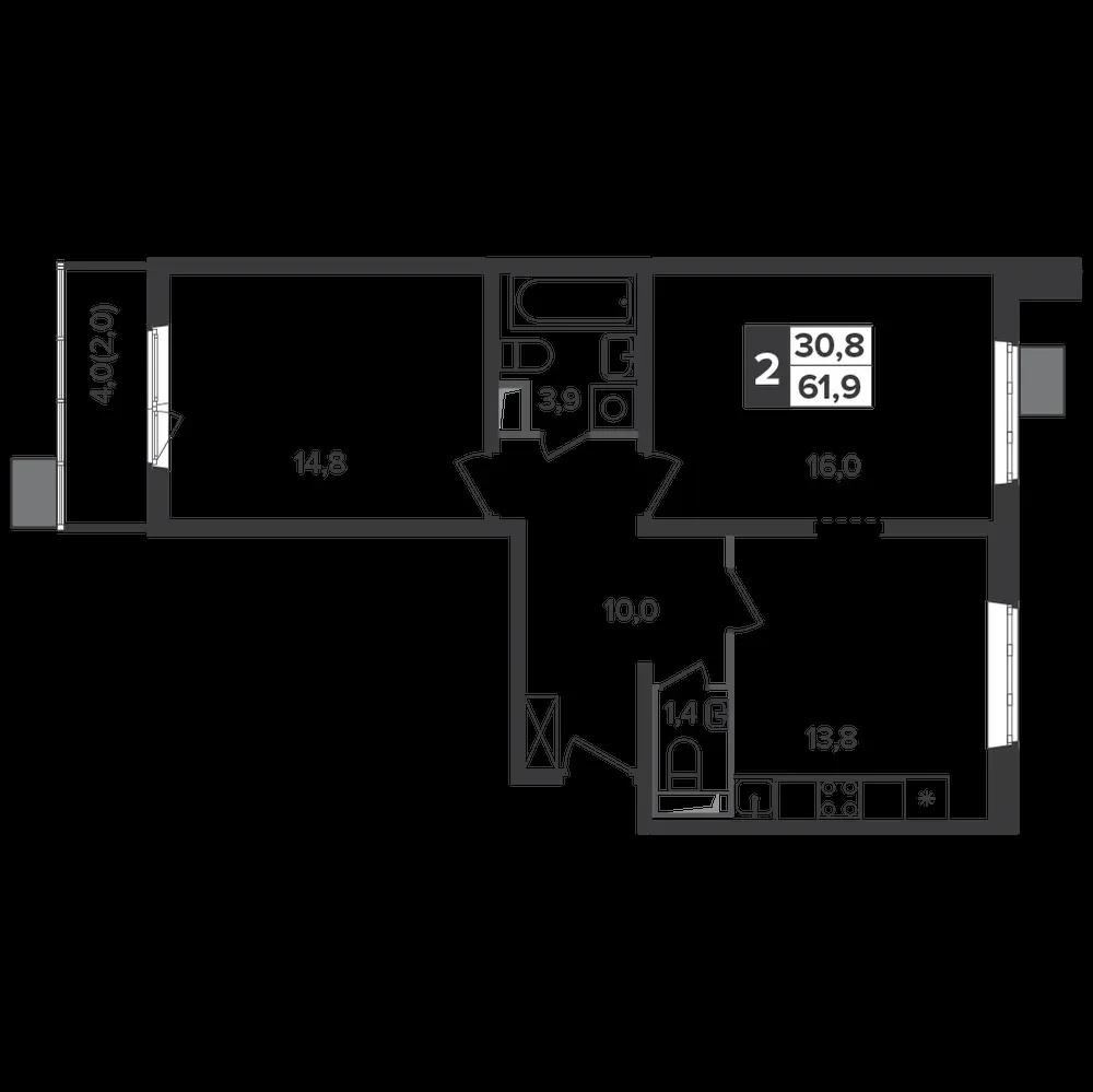 2-комнатная, 61,2 м² — 14 305 500 ₽