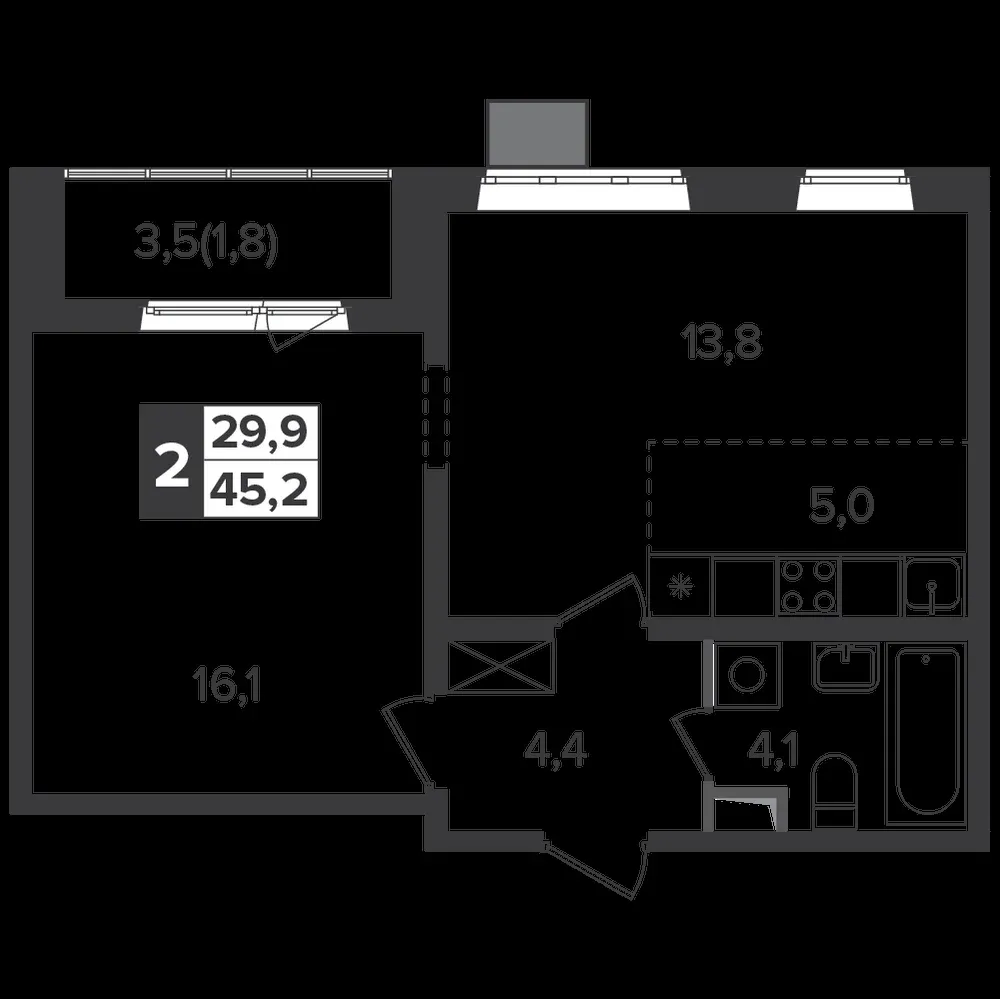 2-комнатная, 45,1 м² — 11 864 683 ₽