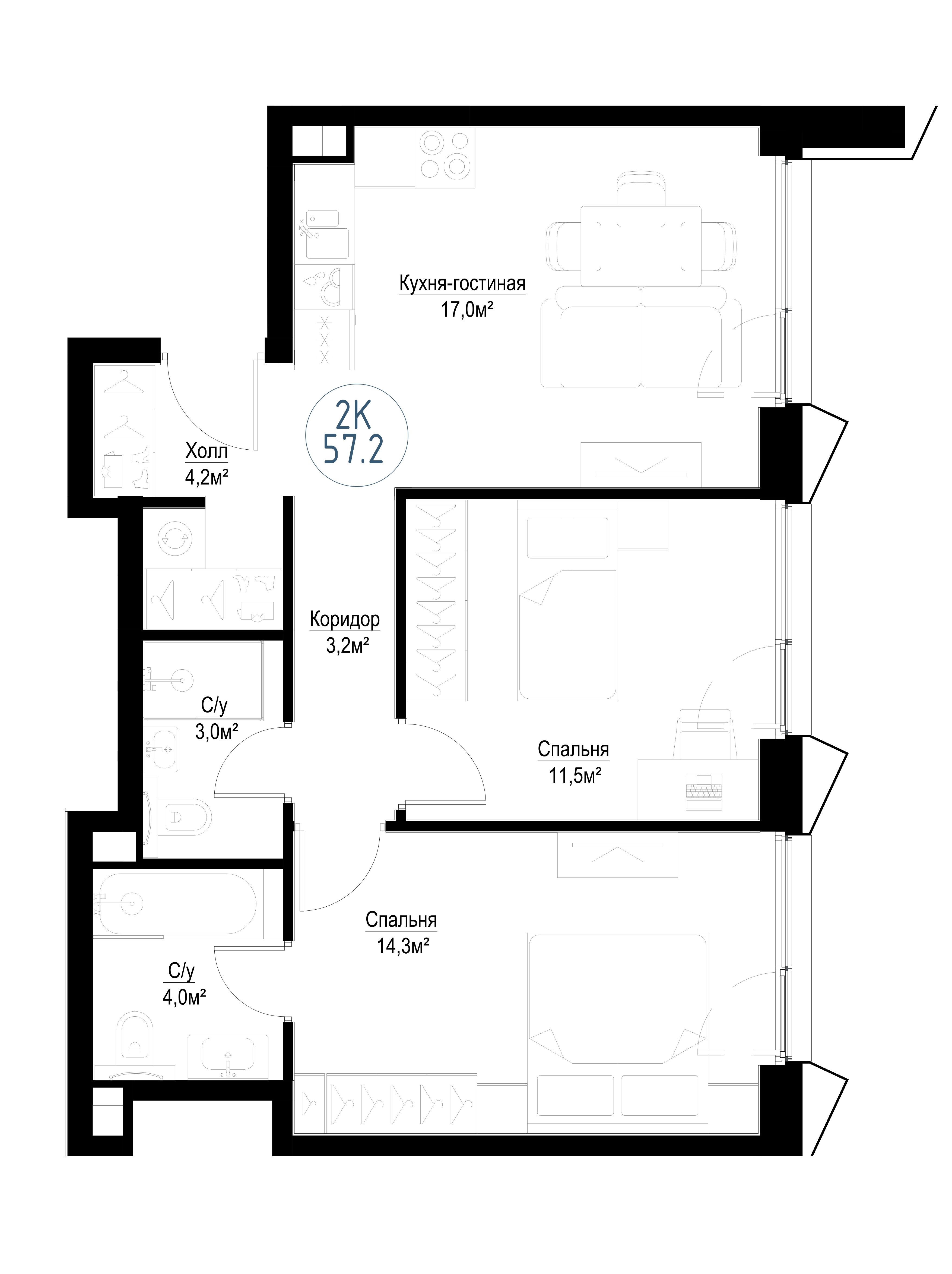 2-комнатная, 56,1 м² — 26 946 625 ₽