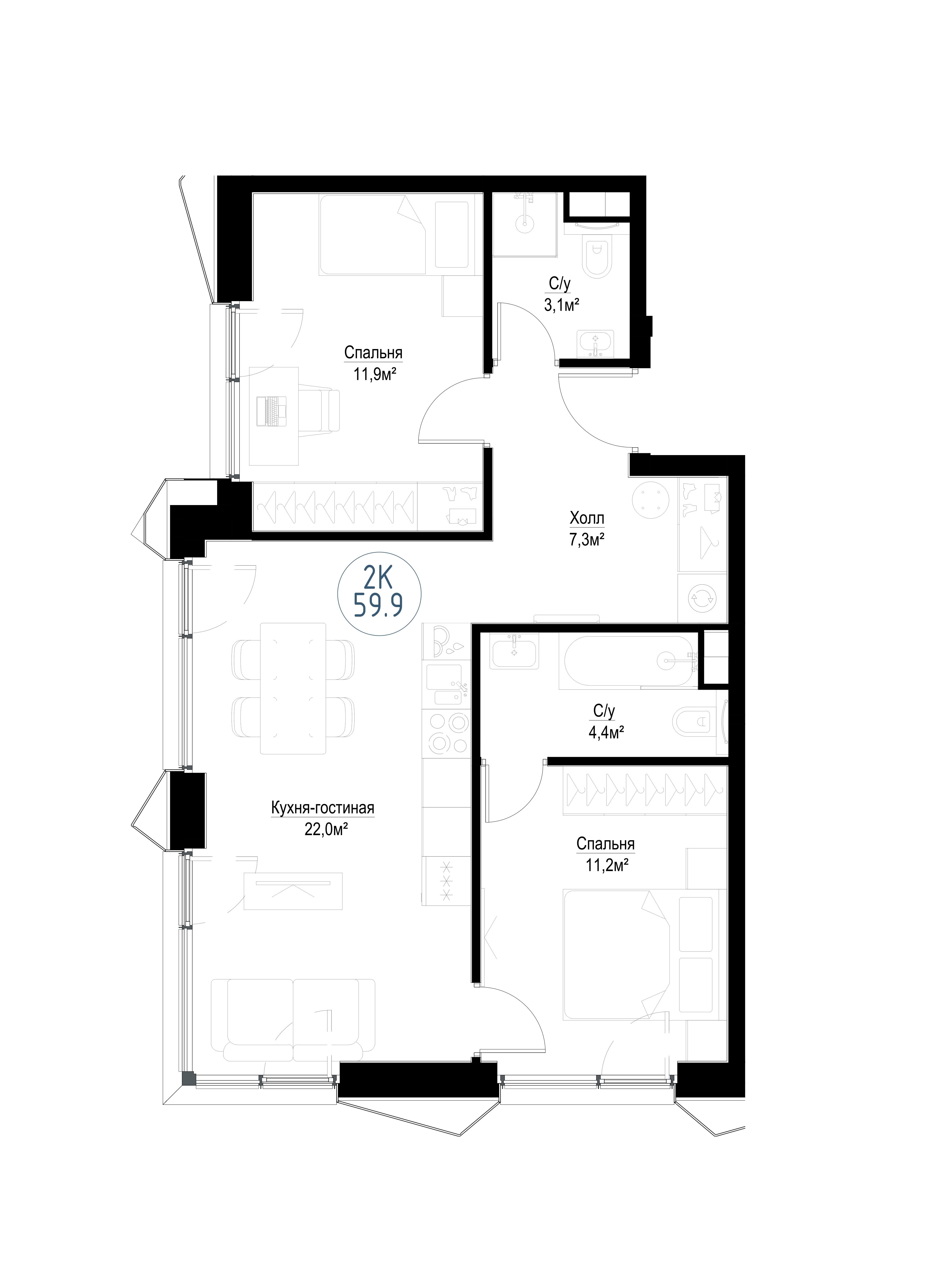 2-комнатная, 58,6 м² — 29 748 641 ₽
